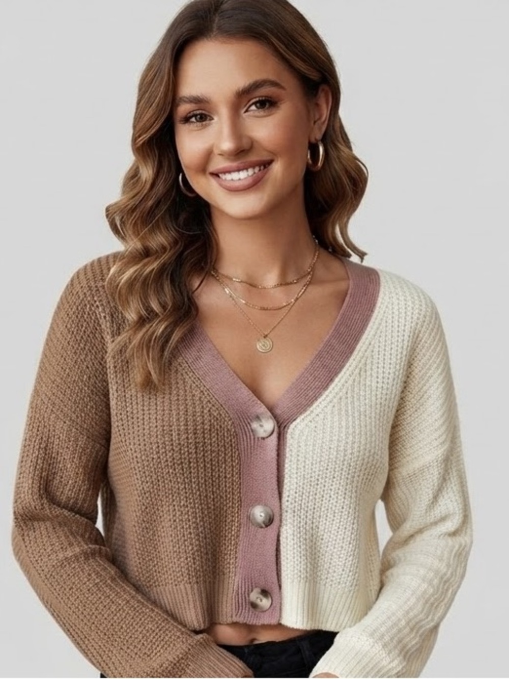 Elegant Cropped V-Neck Button Cardigan in Brown and Cream